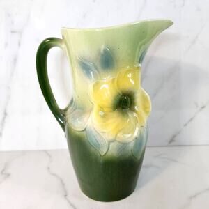 Vintage Royal Copley MCM Green & Yellow Pottery Pitcher Vase-1940s Floral Decor